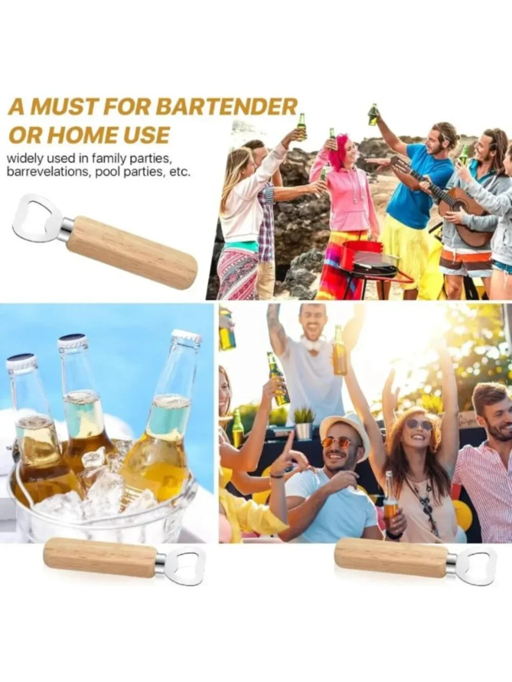 5PCS Wood Grip Beer Bottle Opener Stainless Steel Wall Mount Cap Remover